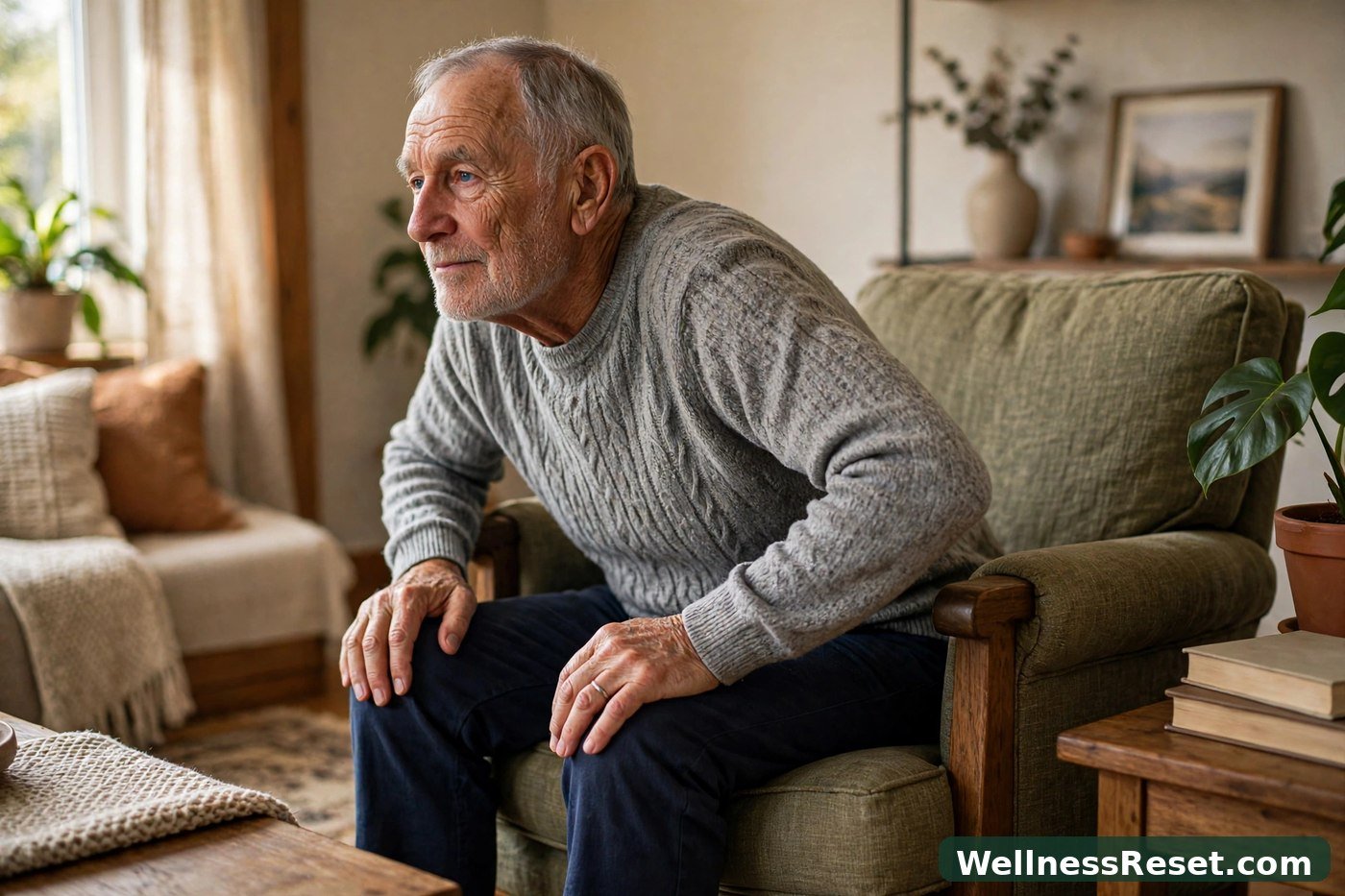 Senior man seated cat-cow stretch