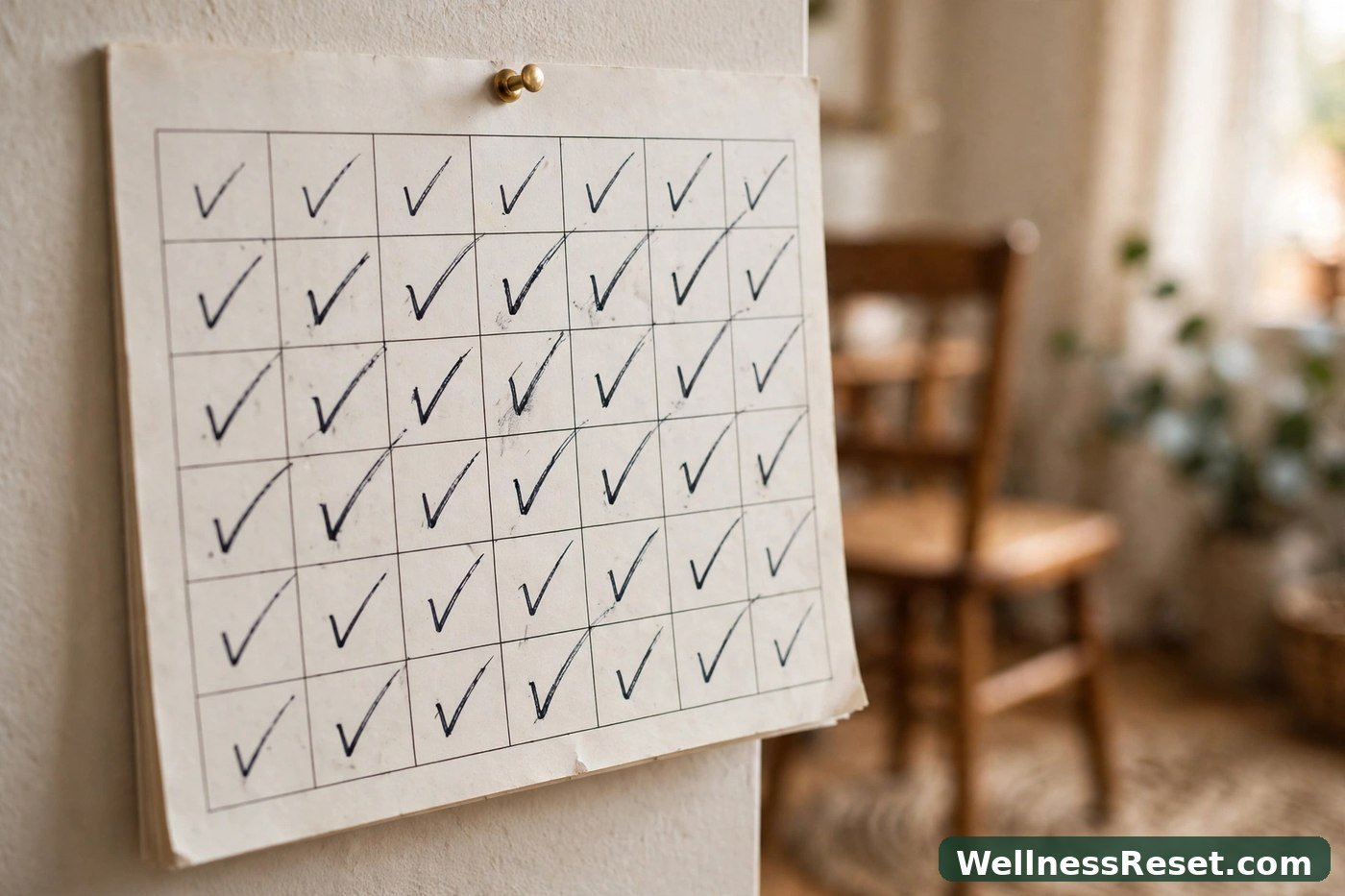 Calendar with daily checkmarks and chair