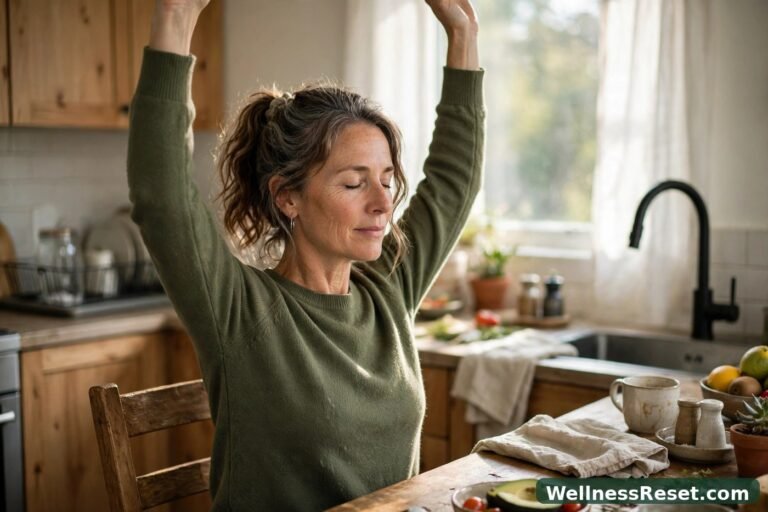 Woman doing chair yoga arm raise at kitchen table