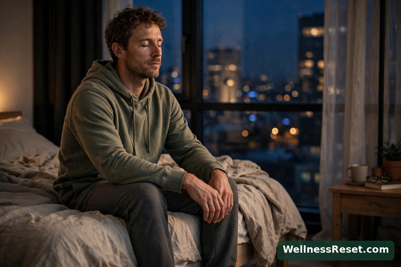 Sitting on the edge of the bed in the evening, breathing slowly — WellnessReset.com