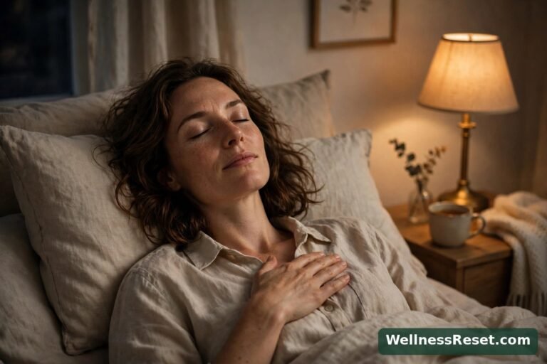 Woman in bed practicing 4-7-8 breathing with a hand on her chest — WellnessReset.com