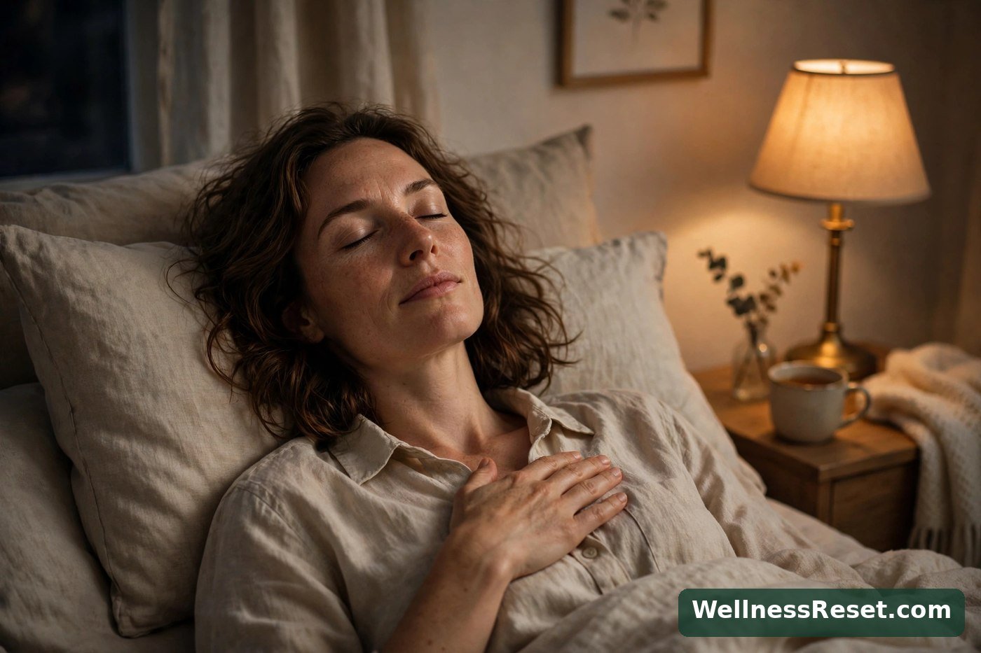 Woman in bed practicing 4-7-8 breathing with a hand on her chest — WellnessReset.com