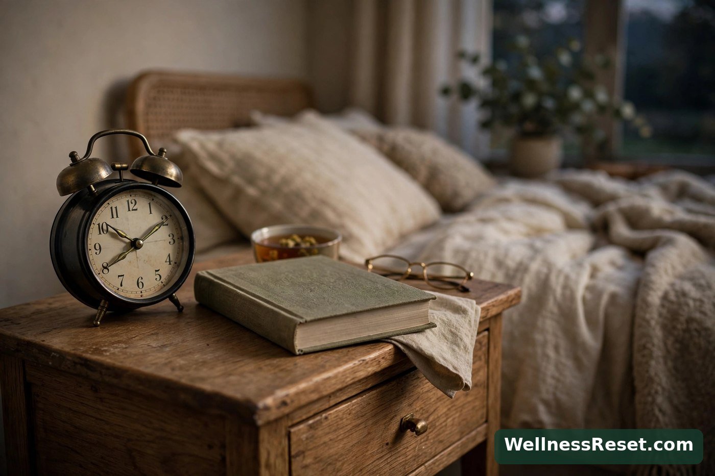 Alarm clock and a closed book on a nightstand at wind-down time — WellnessReset.com