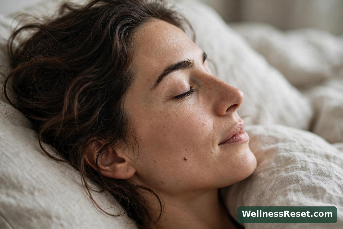 Woman lying on a pillow with eyes closed, breathing calmly — WellnessReset.com