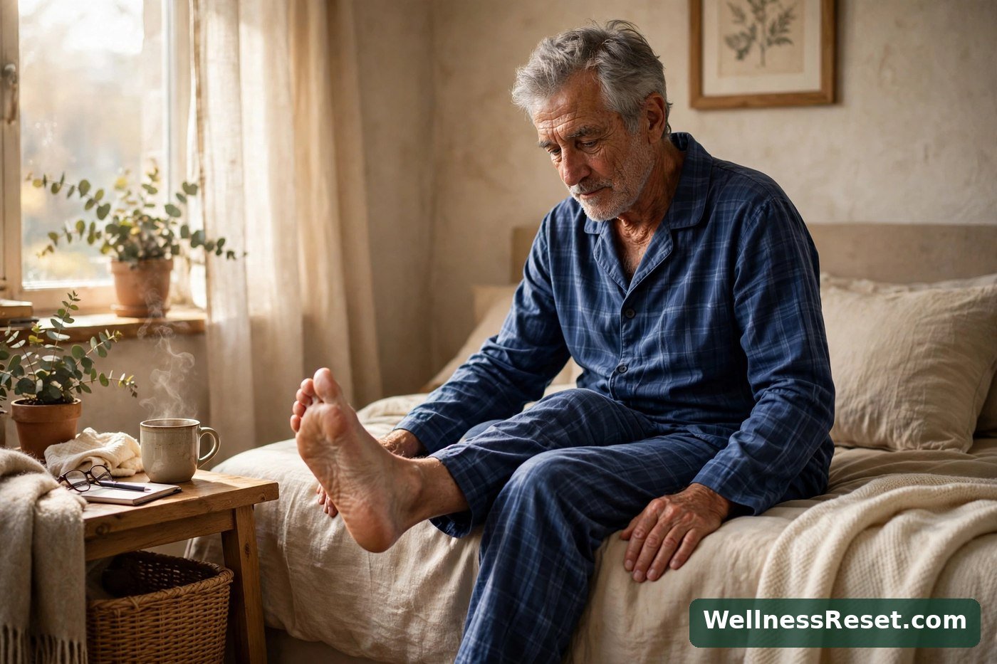 Older man doing gentle ankle circles sitting on the edge of his bed — Wellness Reset