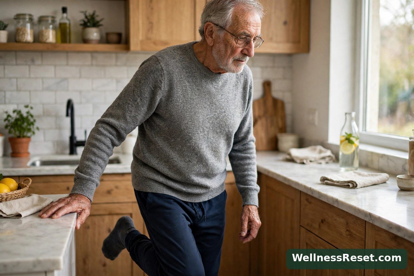 Senior man practicing supported single-leg balance at a kitchen counter — Wellness Reset