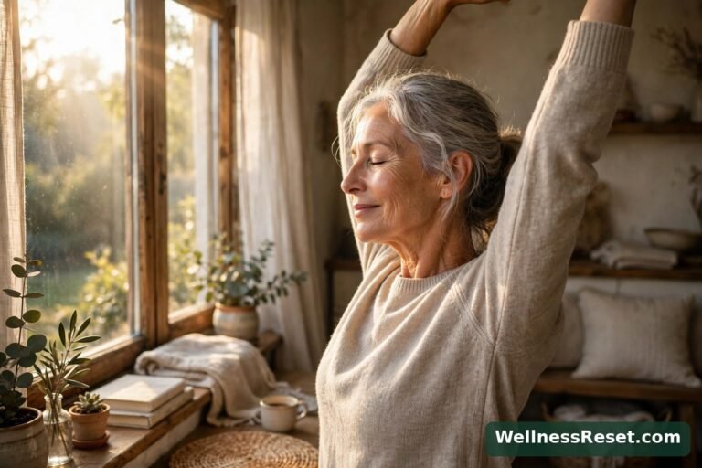 Woman in her 60s stretching gently by a sunny morning window — Wellness Reset