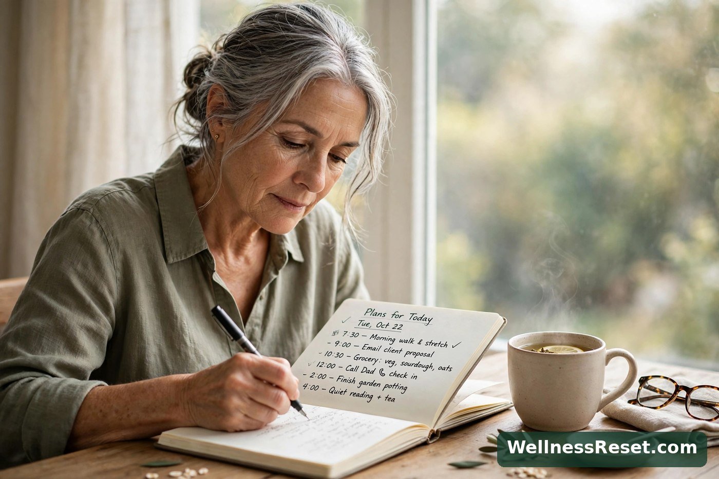 Woman in her 60s journaling with a cup of tea in morning light — Wellness Reset