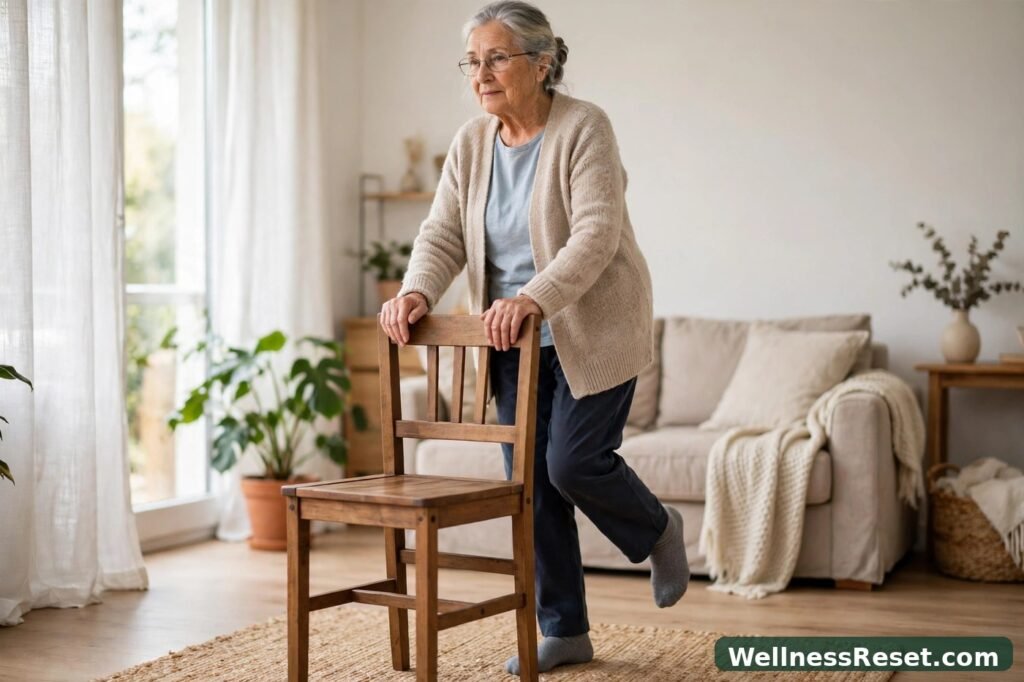 Standing behind a chair holding its back