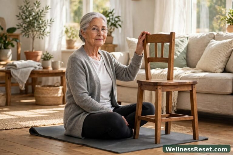 Senior doing a seated balance move holding a sturdy chair