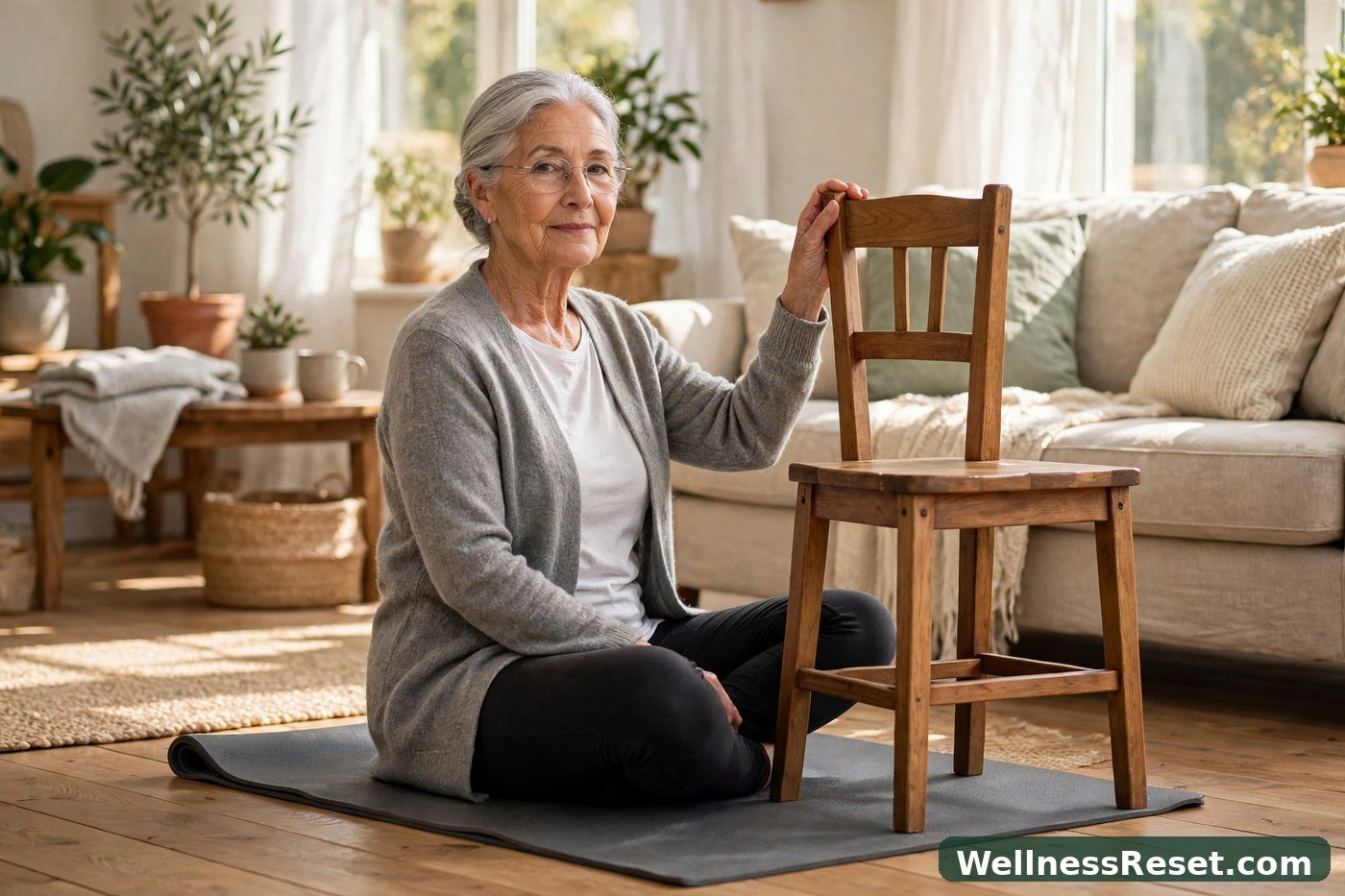 Senior doing a seated balance move holding a sturdy chair