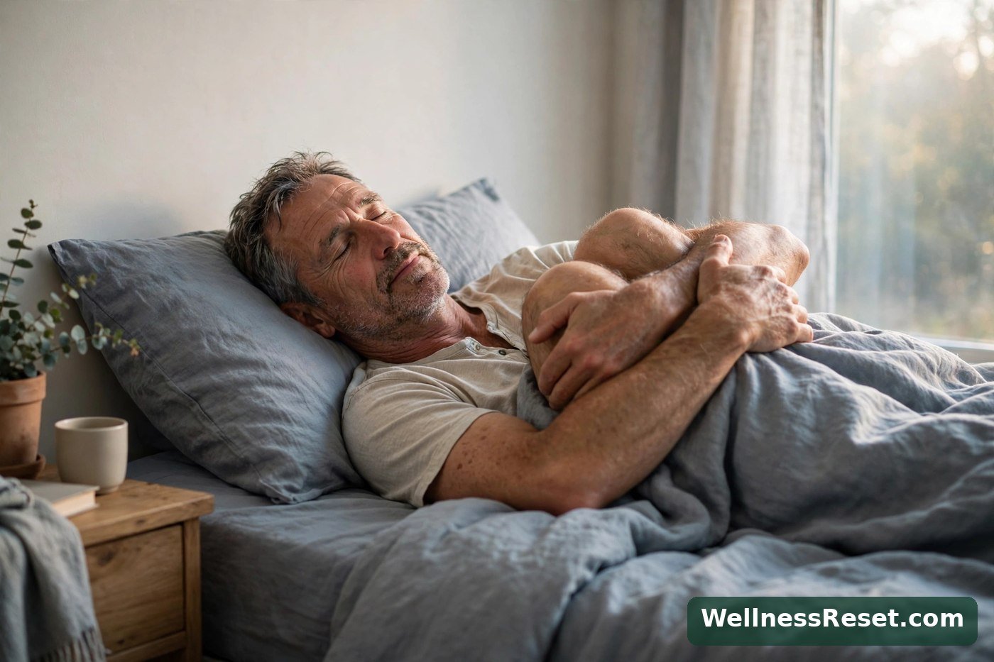 Man hugging his knees to his chest in bed — Wellness Reset