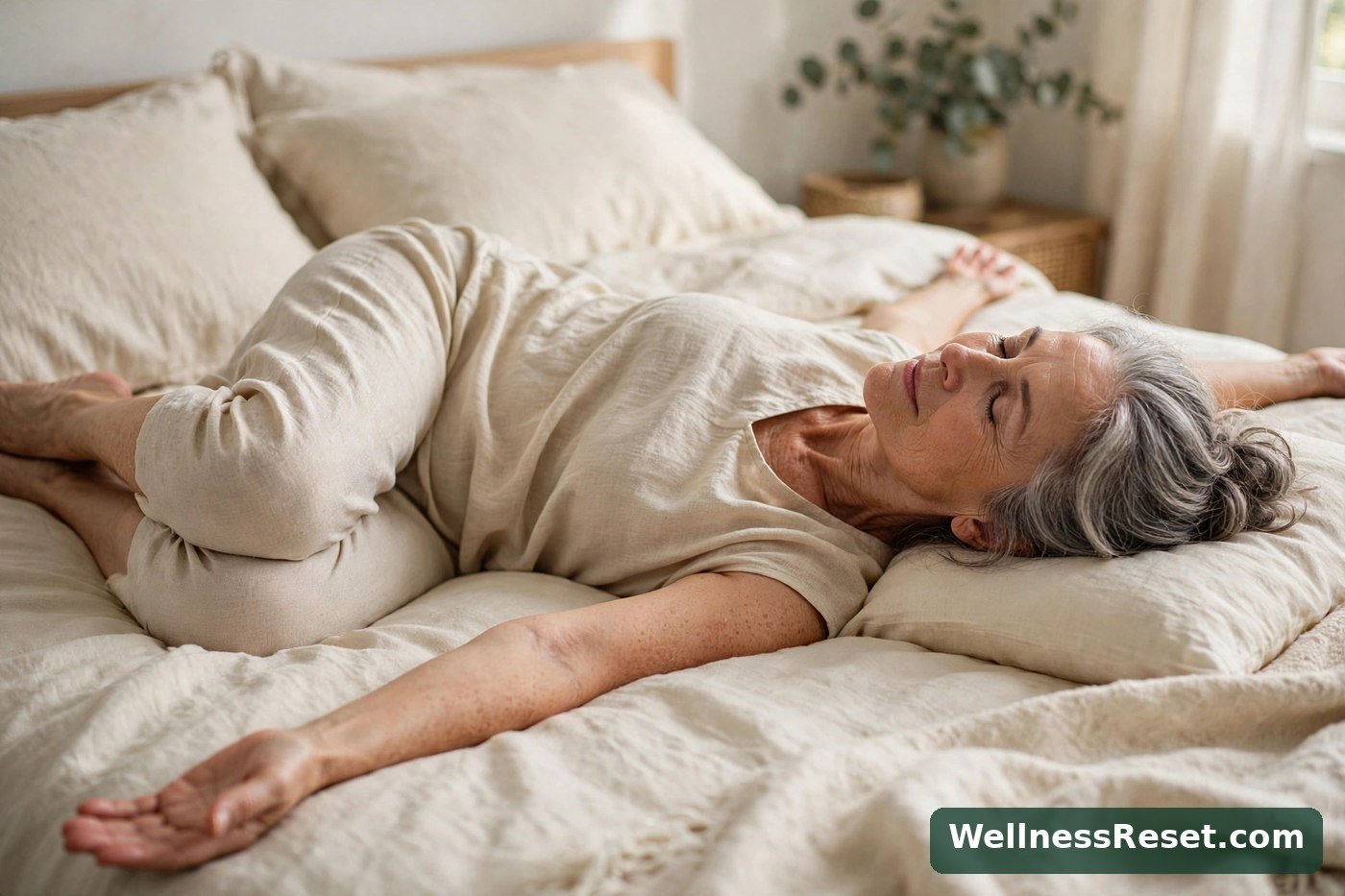 Senior woman doing a lying spinal twist in bed — Wellness Reset