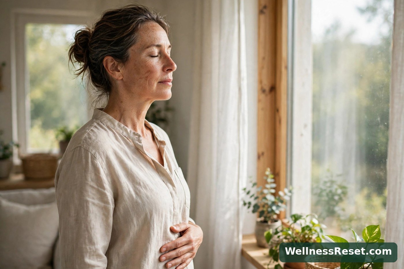 Woman practising belly breathing standing by a window — Wellness Reset