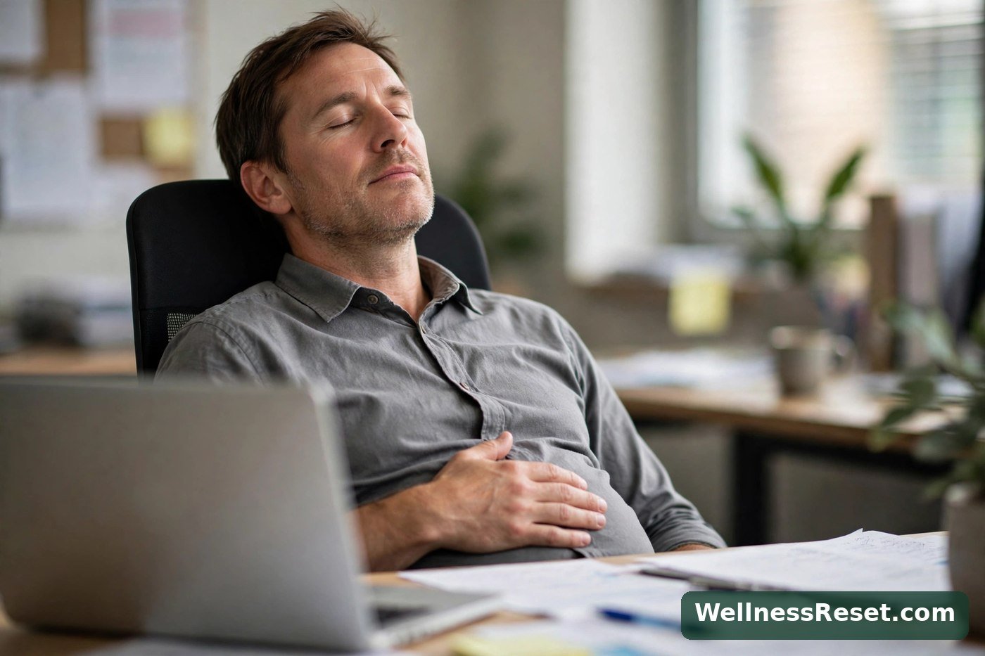 Man at his desk with eyes closed, taking a slow calming breath — Wellness Reset