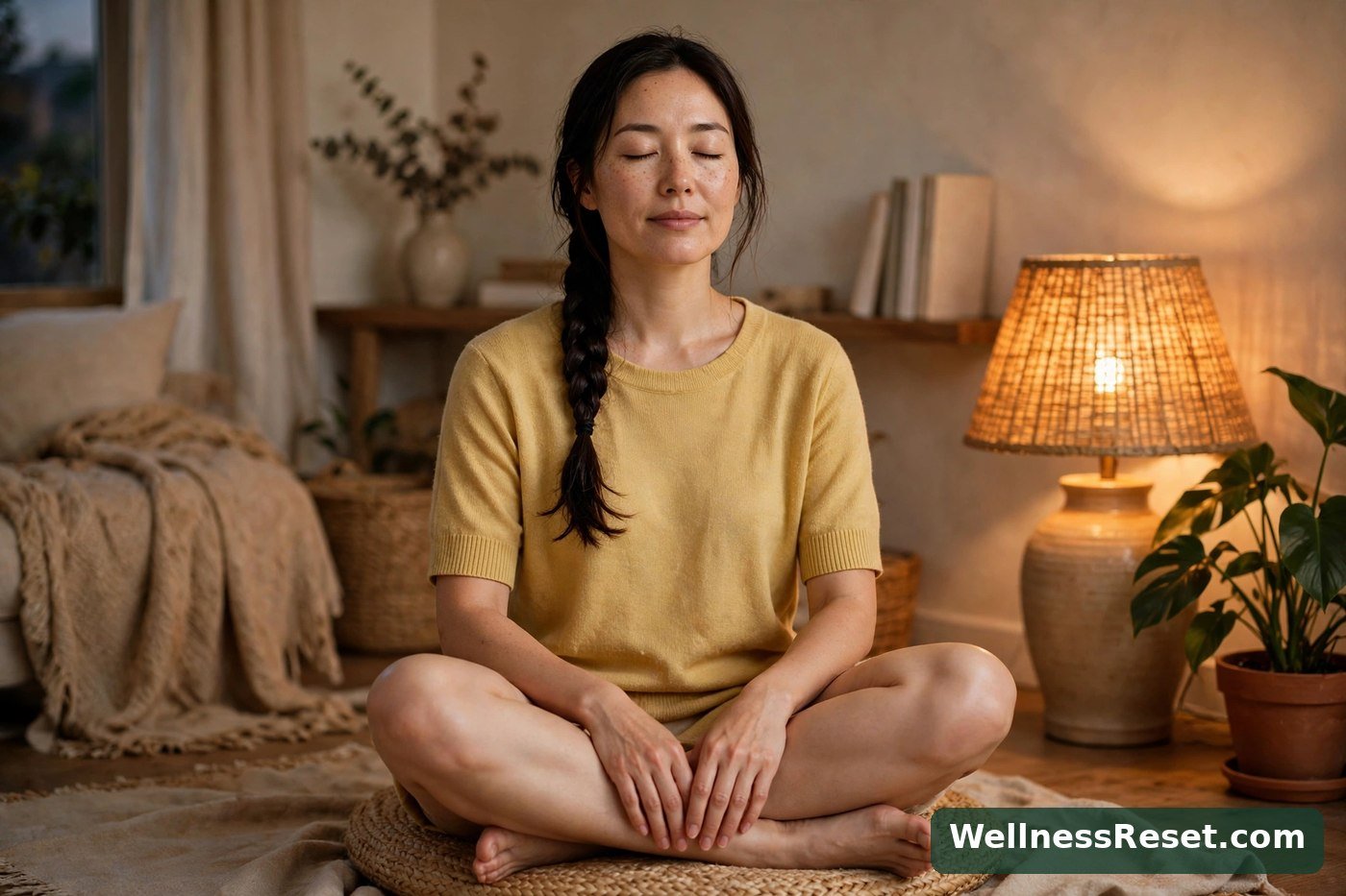 Woman sitting cross-legged at home, breathing calmly with eyes closed — Wellness Reset