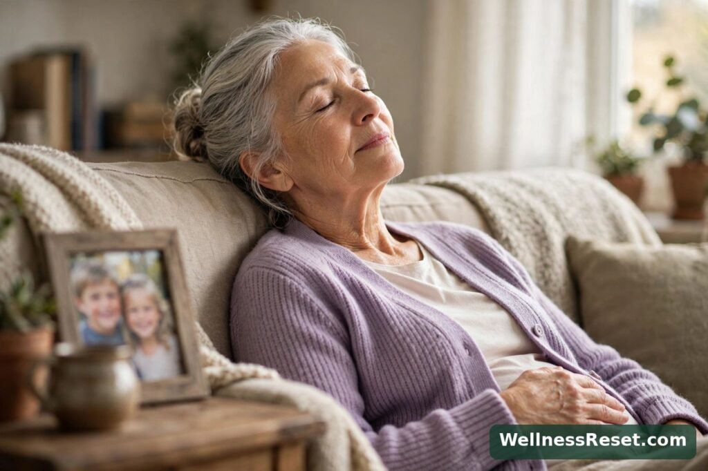Senior woman breathing slowly on her sofa at home — Wellness Reset