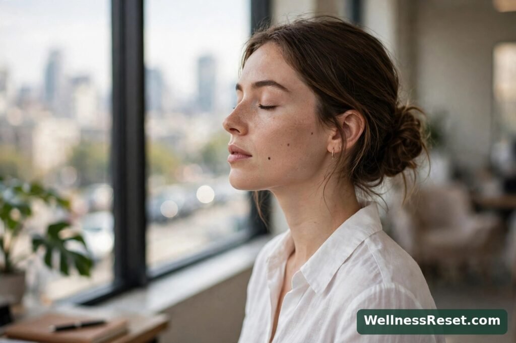 Woman taking a slow breath by an office window — Wellness Reset