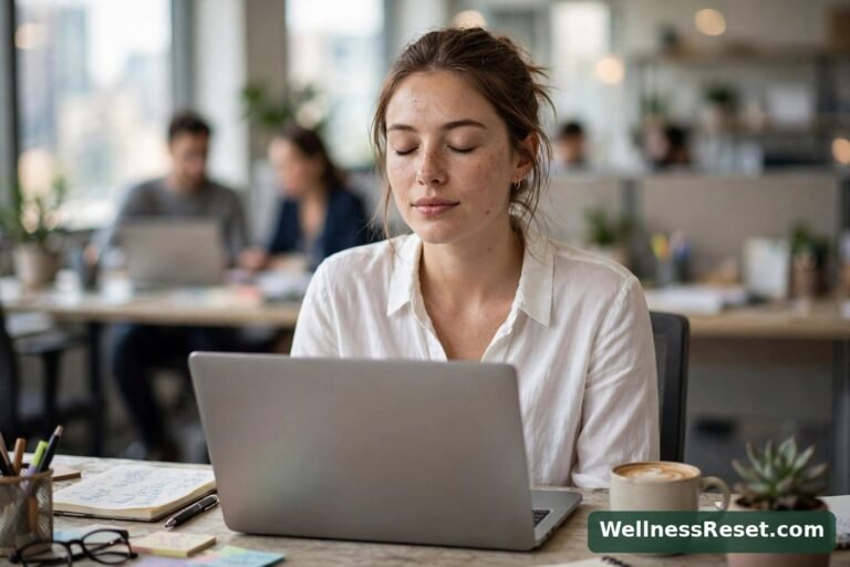 Woman taking a slow calming breath at her office desk — Wellness Reset