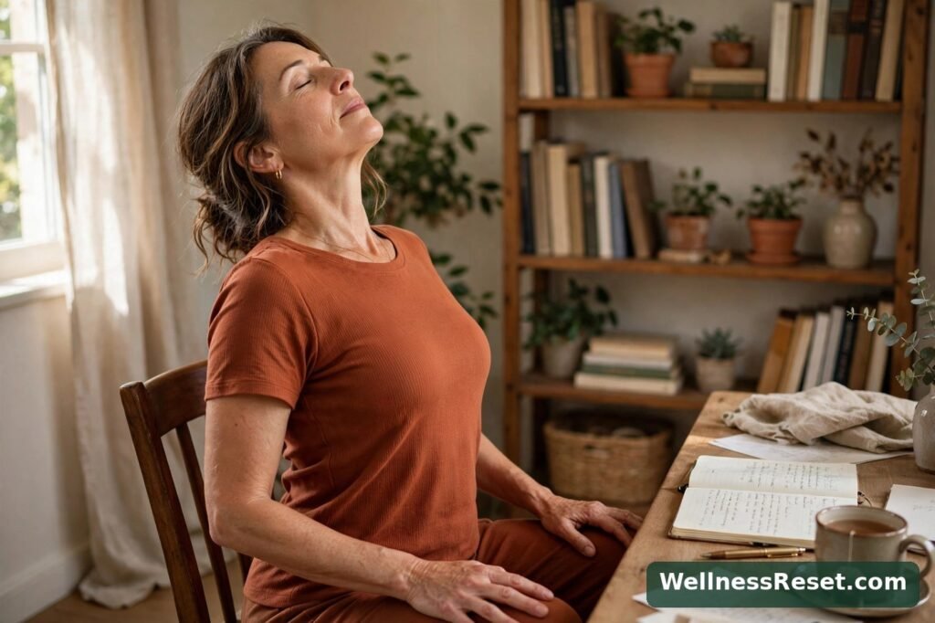 Seated cat-cow stretch at a desk — Wellness Reset