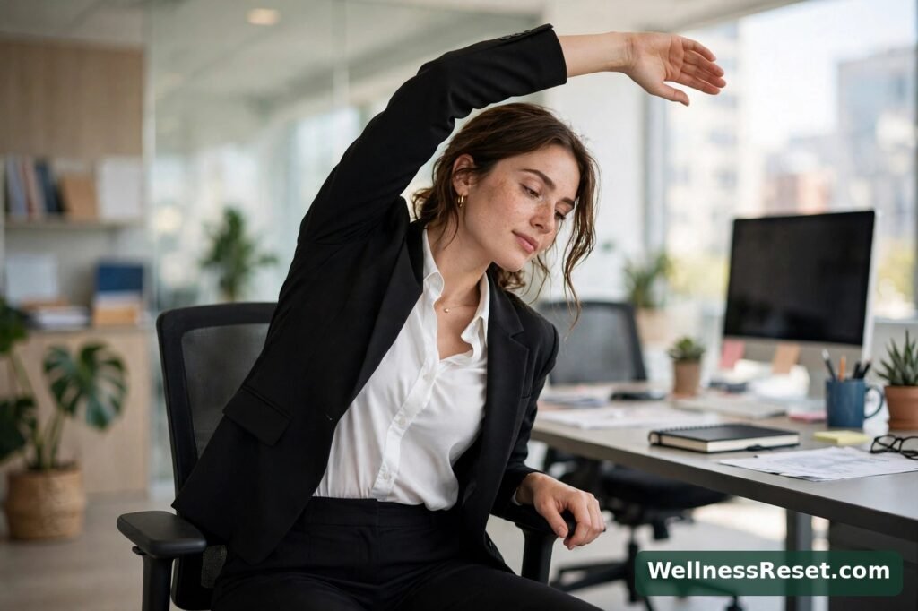 Woman doing a seated side bend at her office desk — Wellness Reset