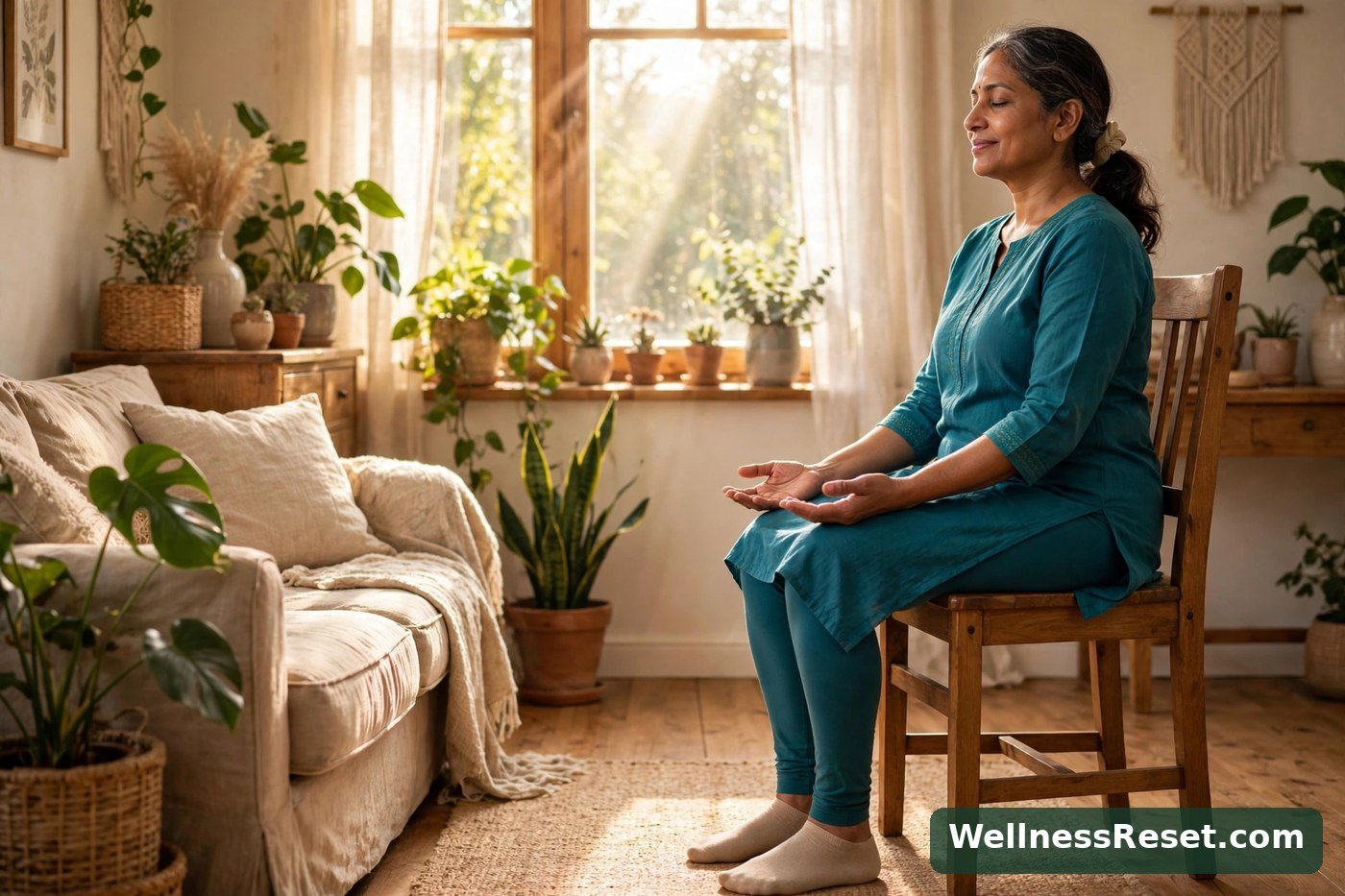 Woman doing gentle chair yoga at home — Wellness Reset