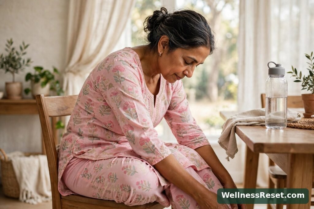 Woman doing a seated forward fold in chair yoga — Wellness Reset