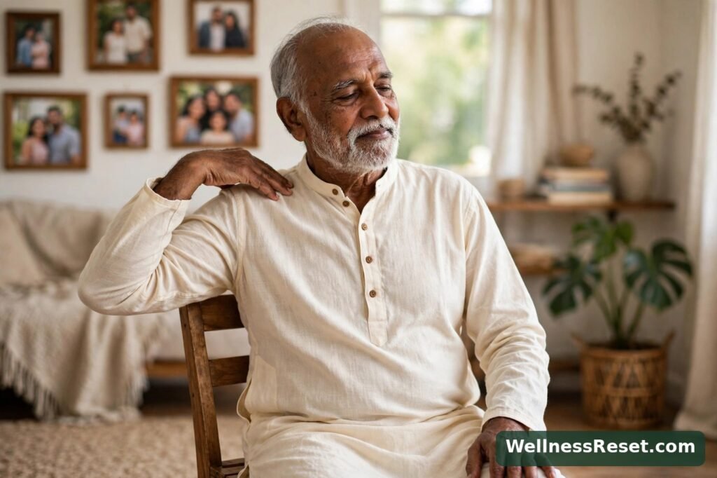 Senior man doing shoulder rolls in chair yoga at home — Wellness Reset