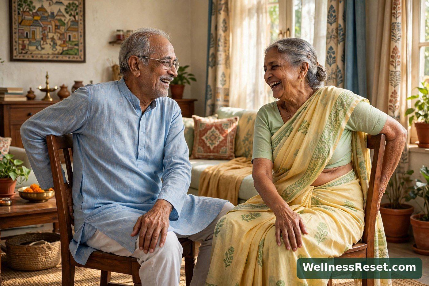 Senior couple doing chair yoga together at home — Wellness Reset