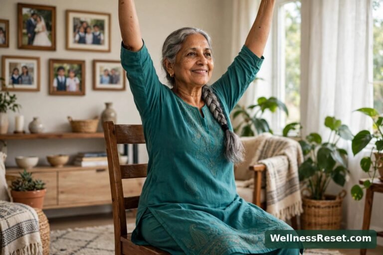 Senior woman doing chair yoga with arms raised at home — Wellness Reset