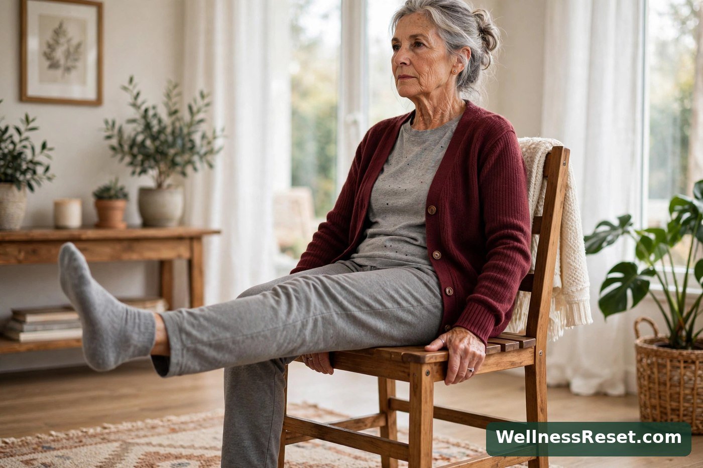 Senior woman doing a seated leg extension — Wellness Reset