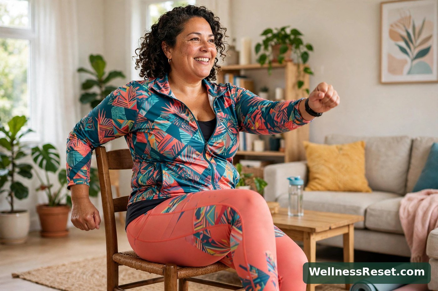 Woman doing energetic seated marching chair yoga at home — Wellness Reset