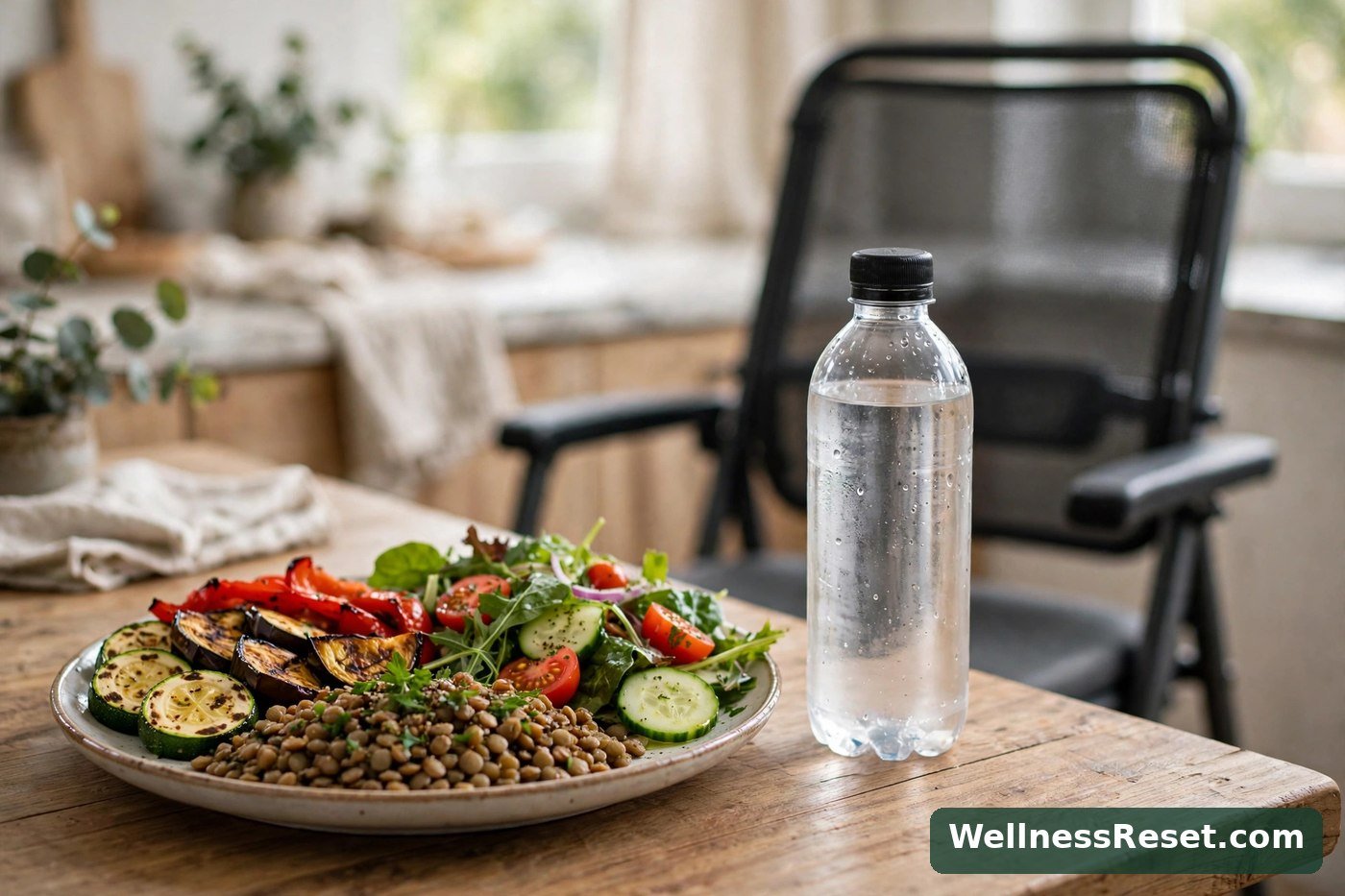 Healthy meal plate and water bottle beside an exercise chair — Wellness Reset