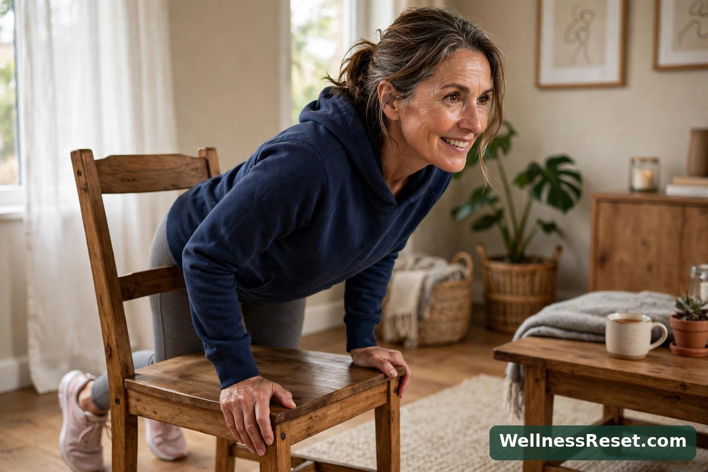 Woman doing a sit-to-stand exercise holding a chair — Wellness Reset