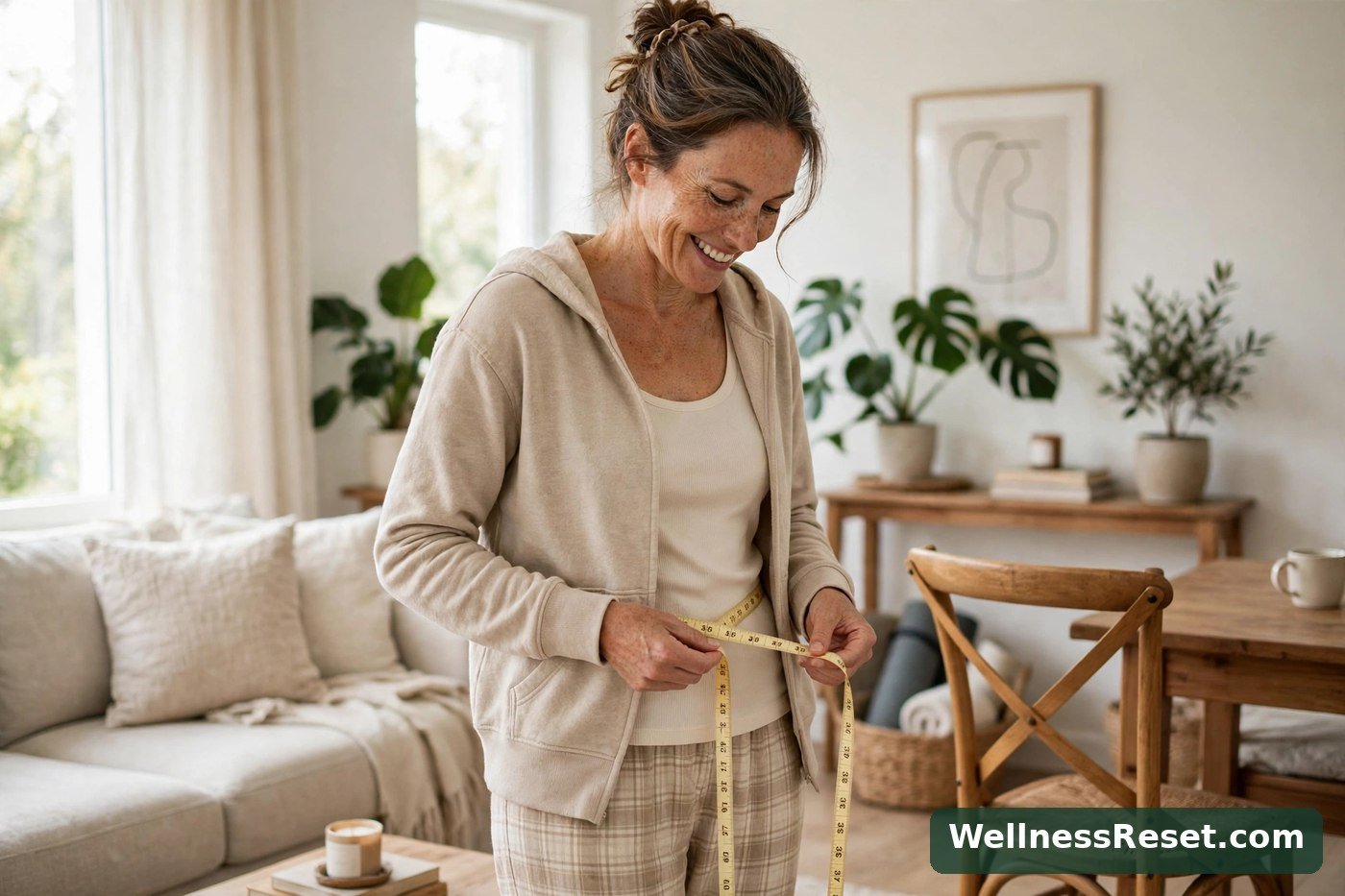 Woman measuring her waist with a tape, smiling — Wellness Reset