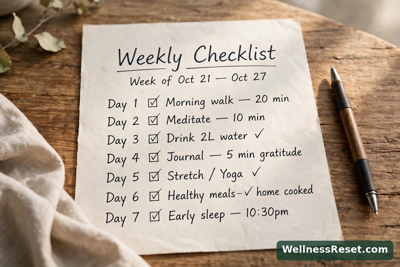 Weekly stretching checklist with days 1 to 7 ticked off — Wellness Reset