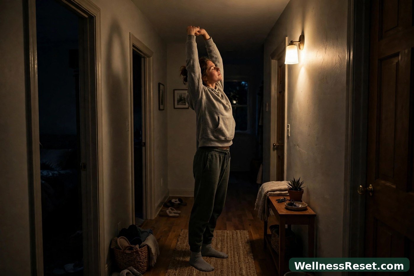 Dim hallway with warm lamp and stretching