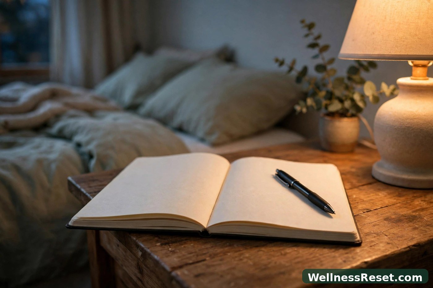 Notebook and pen on bedside table
