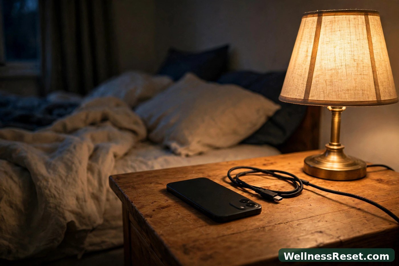 Phone face-down on nightstand with lamp glow