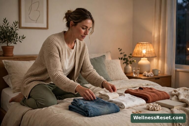Woman laying out tomorrow's clothes on her bed in warm evening light — WellnessReset.com
