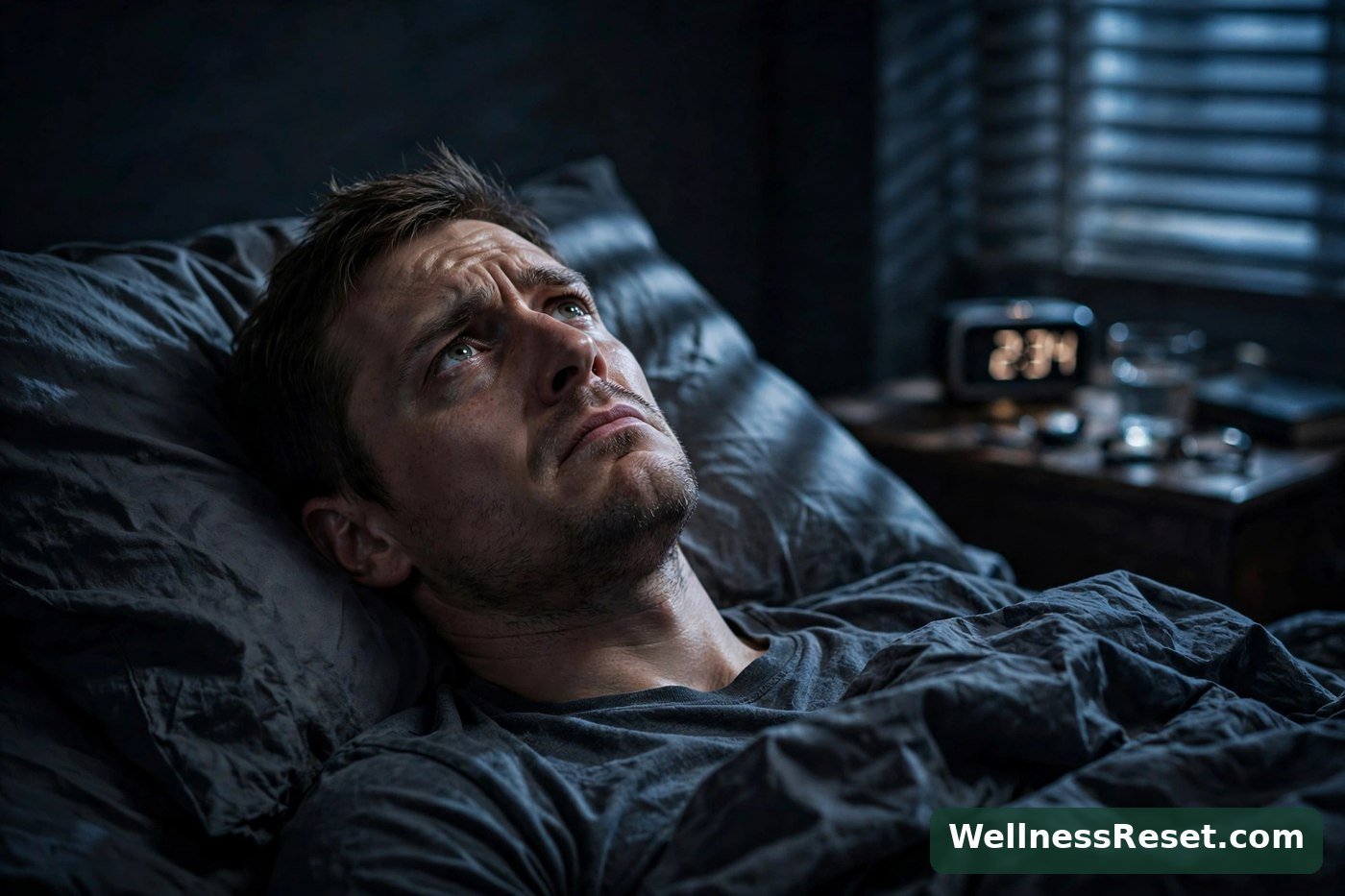 Man lying awake in bed at night staring at the ceiling — Wellness Reset