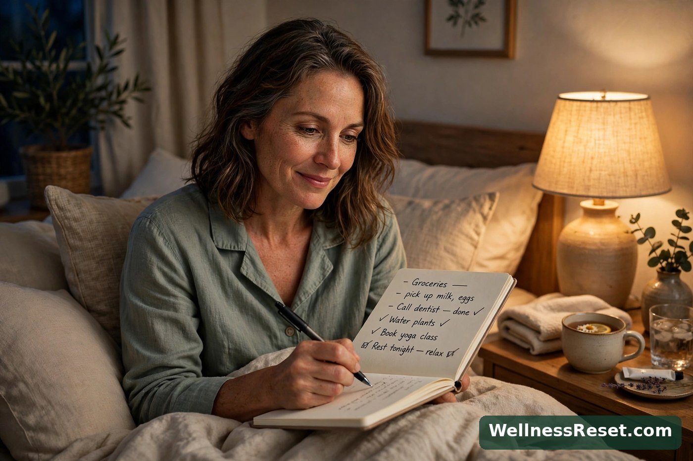 Woman writing a brain-dump list in a notebook in bed — Wellness Reset