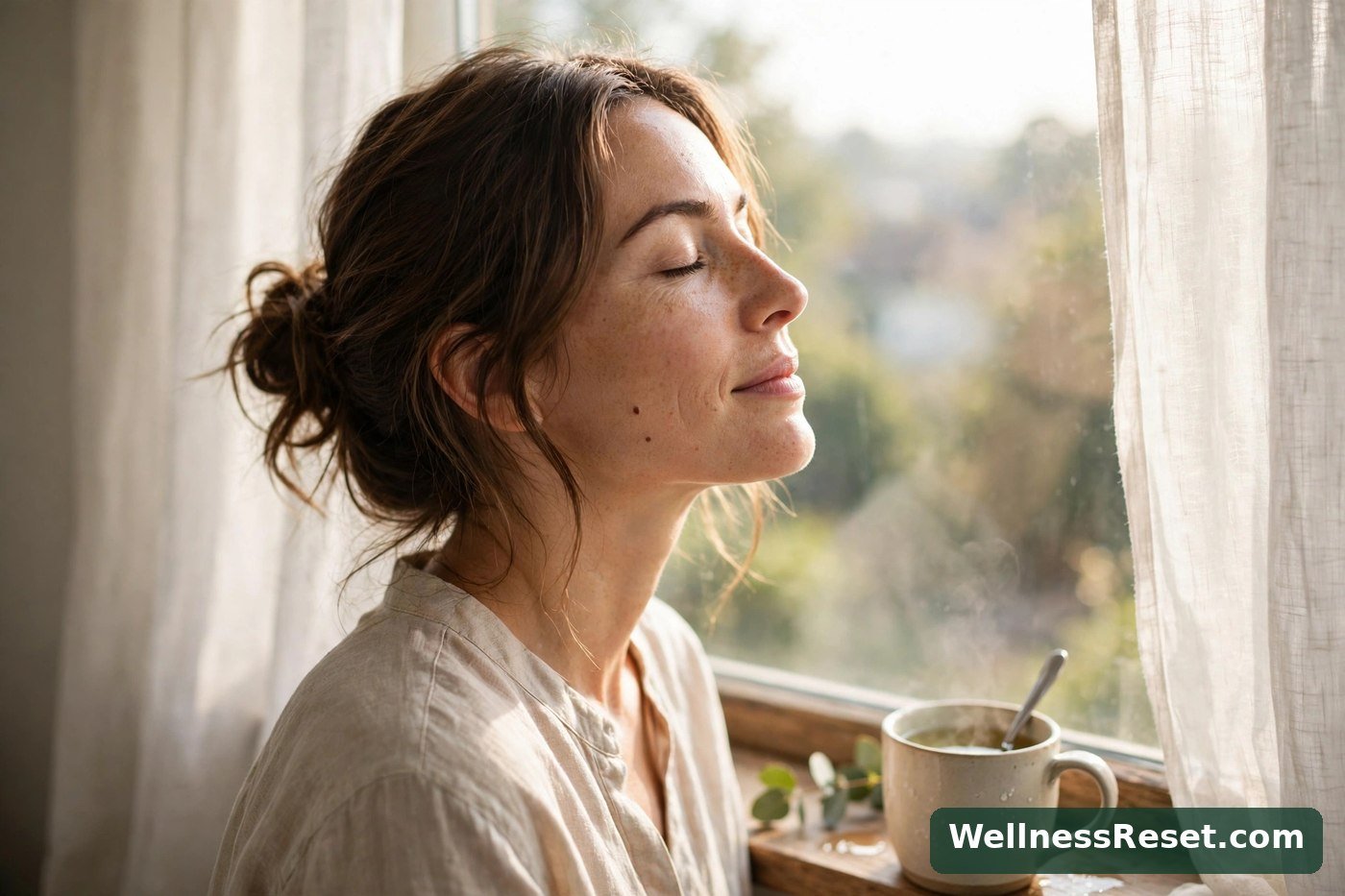Woman standing in morning sunlight by a window — Wellness Reset