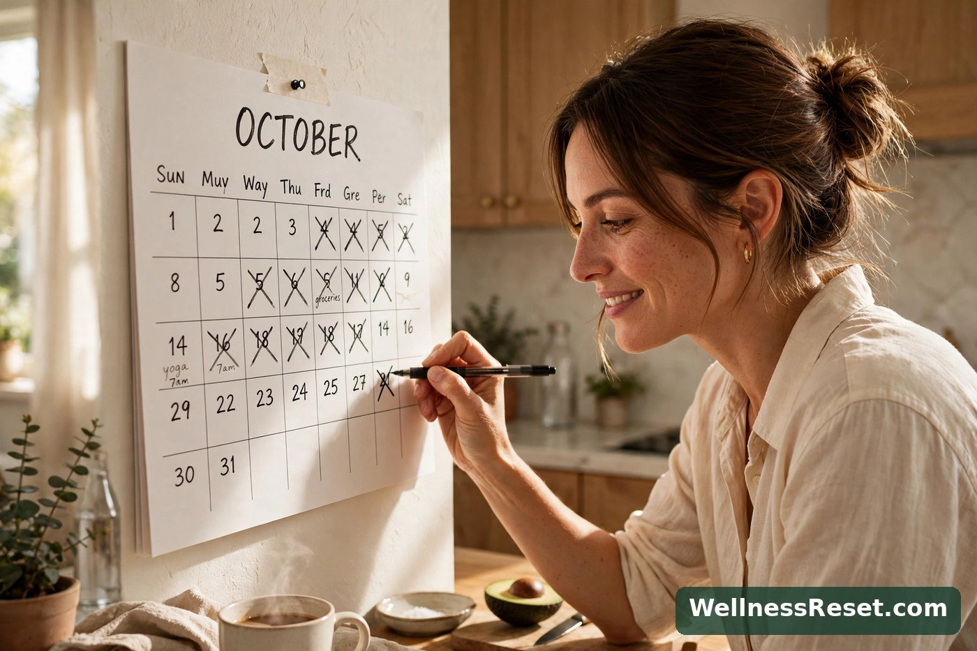 Woman marking an X on her streak calendar — Wellness Reset