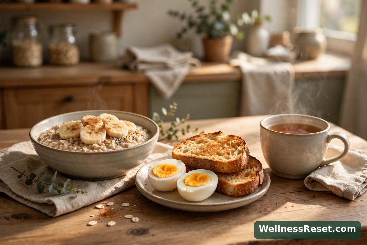 Simple healthy breakfast on a table in morning light — Wellness Reset