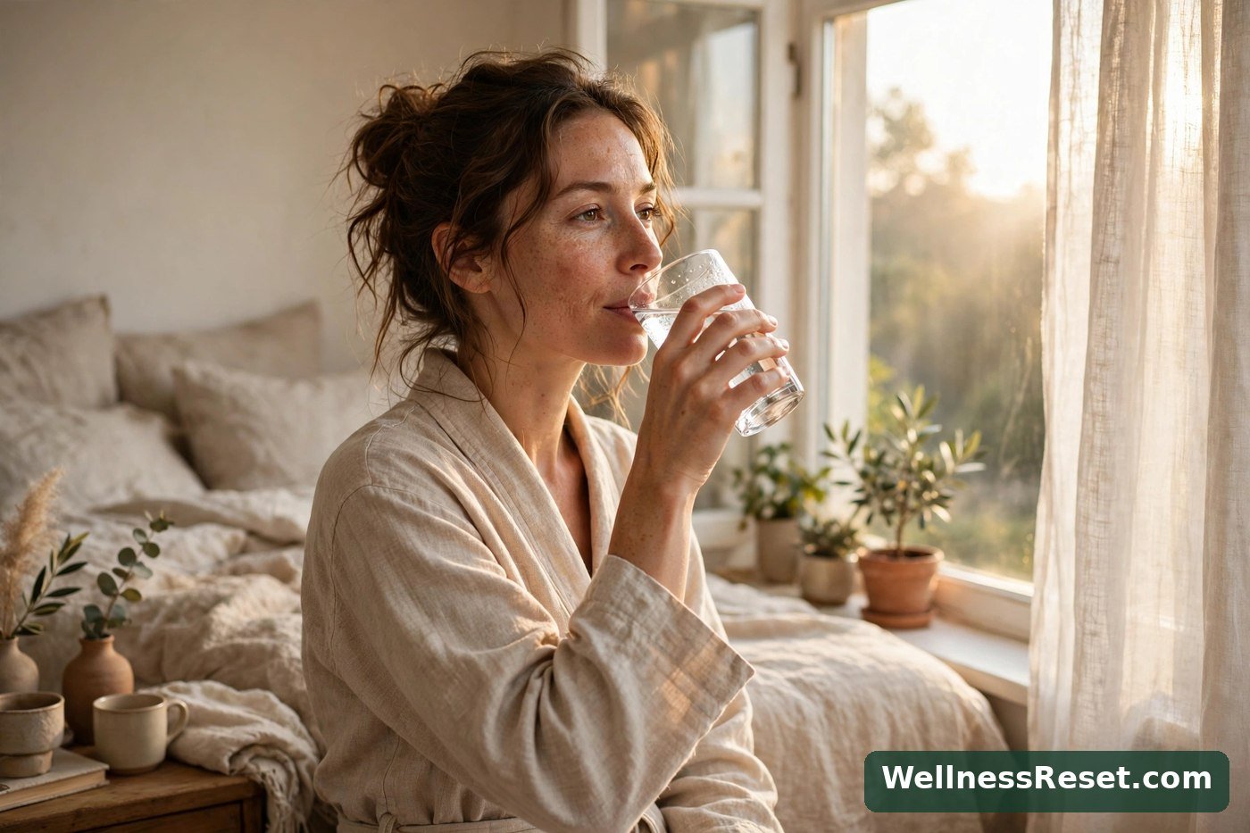 Woman drinking a glass of water by a bright window in the morning — Wellness Reset