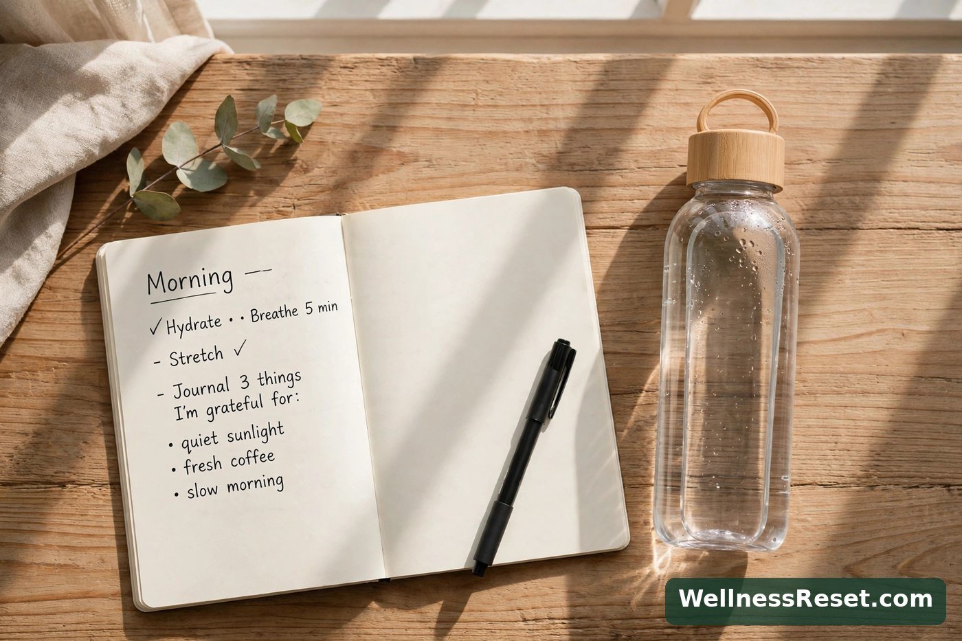 Morning setup with a water bottle, notebook and pen by a window — Wellness Reset