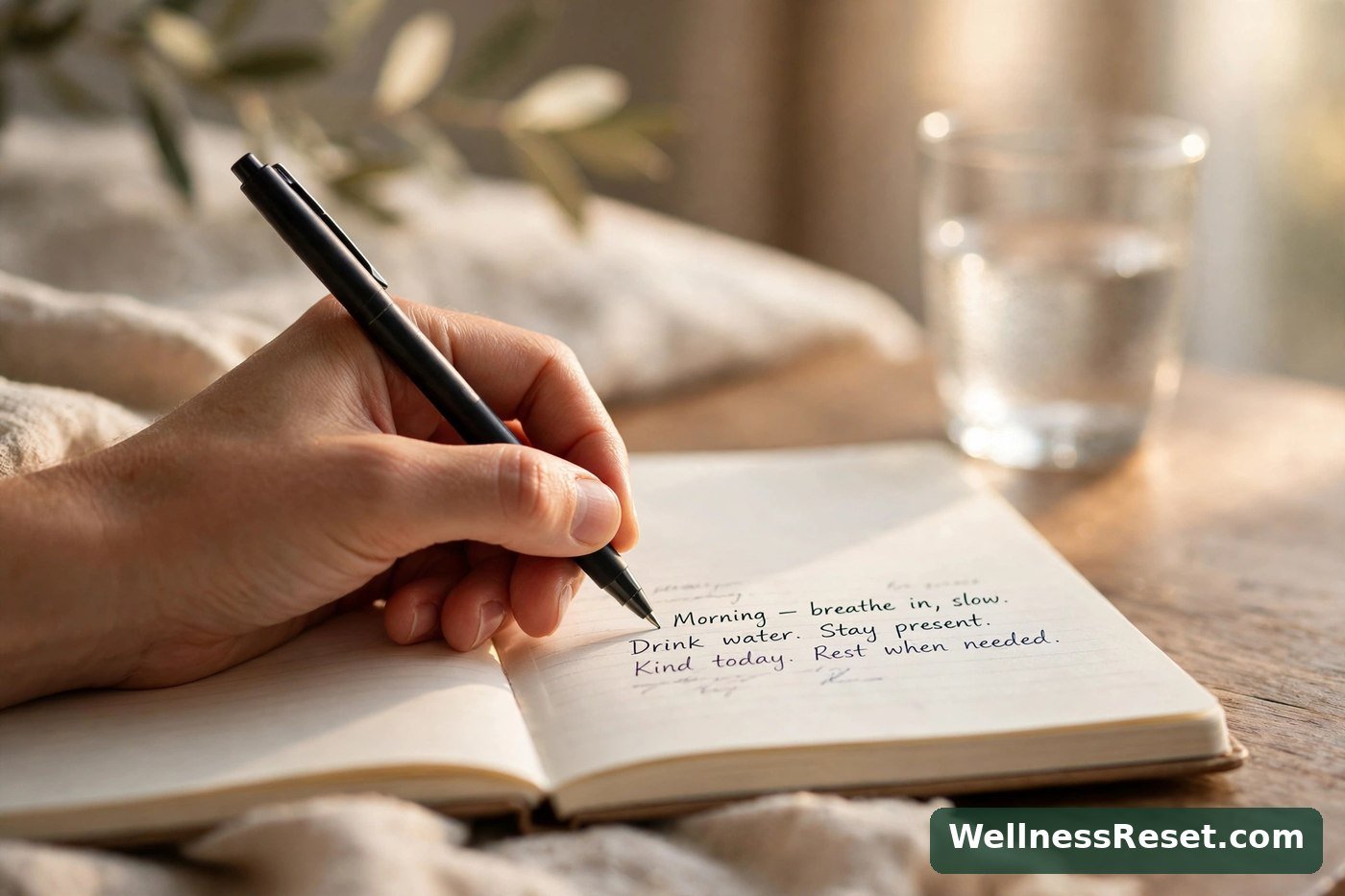 Hand writing three short lines in a notebook in the morning — Wellness Reset