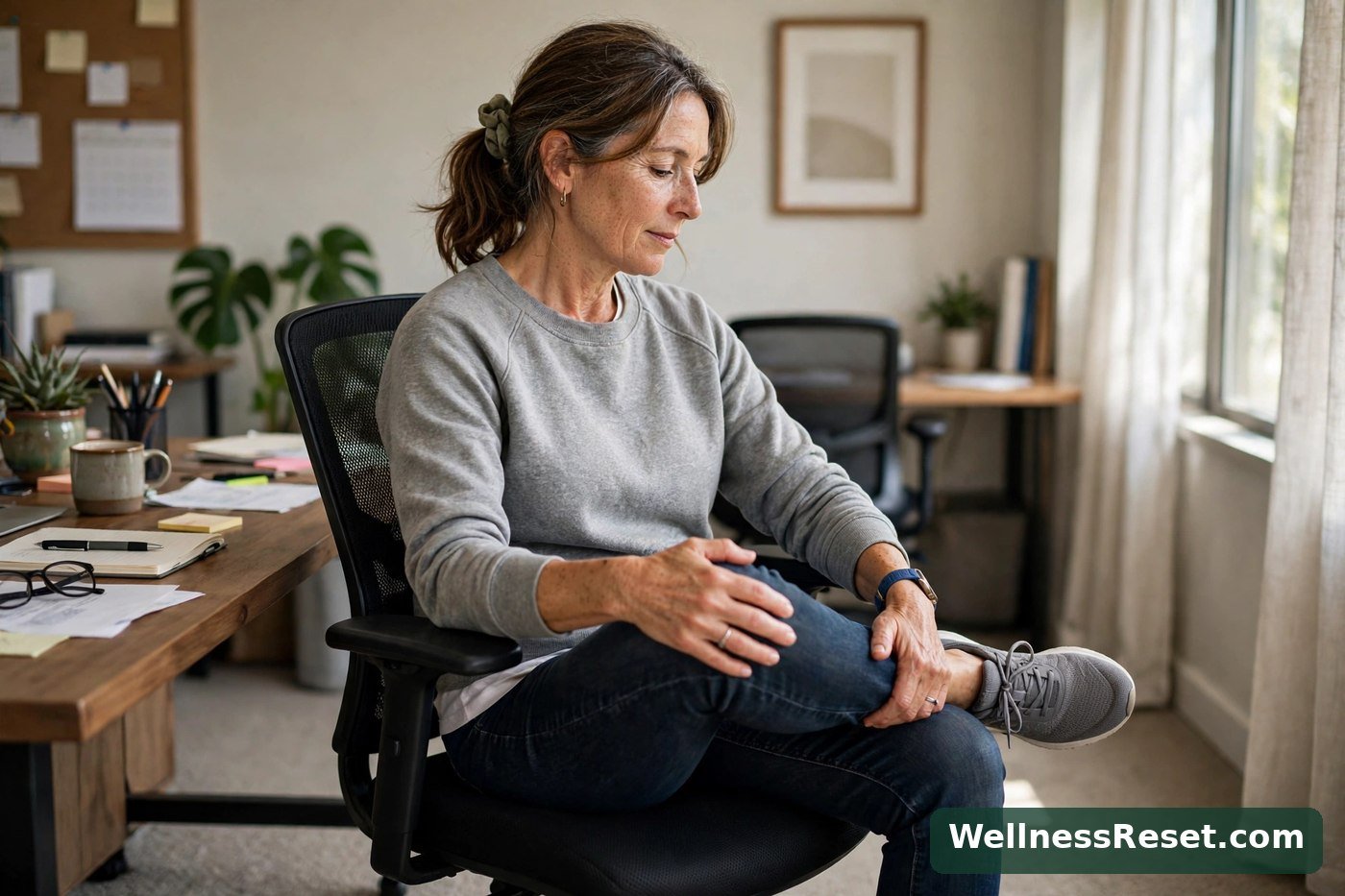 Woman doing a seated figure-four hip stretch on an office chair — WellnessReset.com
