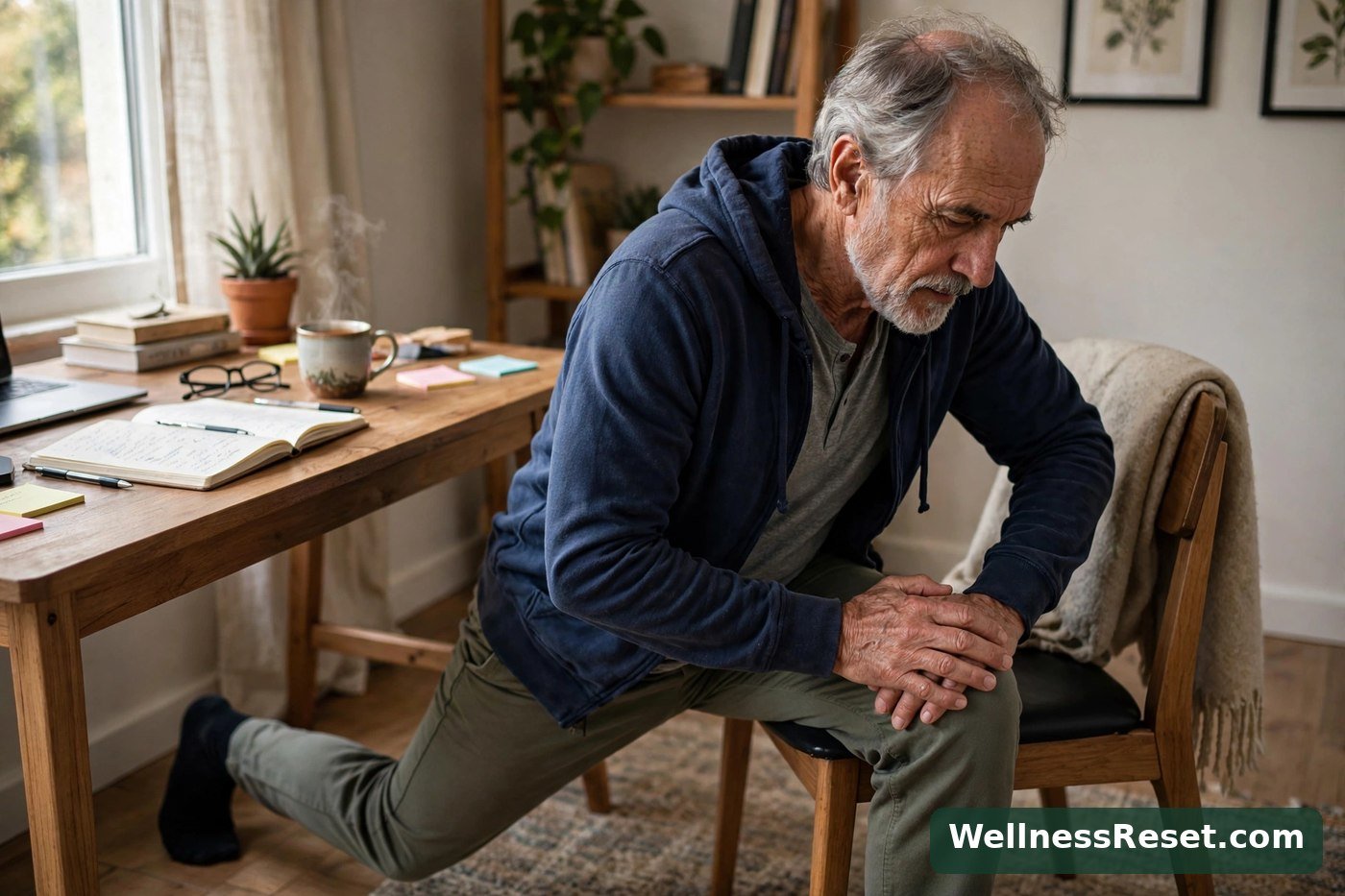 Man doing a seated lunge hip-flexor stretch at the edge of a chair — WellnessReset.com